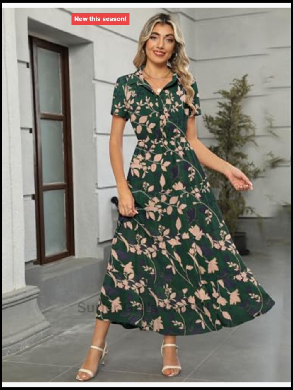 Chiffon Floral Maxi Dress with Pockets Collared V Neck Short Sleeve Button Down - Picture 2 of 7